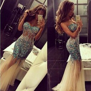 Hot Sexy Crystal Beaded Evening Gowns Sweetheart See Through Tulle Mermaid Prom Dresses Floor Length Cocktail Formal Party Dress Customized