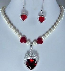Natural White Akoya Cultured Pearl& heart Ruby Pendant Necklace earrings Set