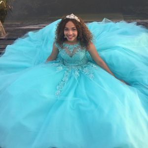 Sweet 16 Debutante Dress Ball Gown Scoop Neck Mint Green Quinceanera Dresses Cap Sleeves Lace Beads Plus Size Girls Party Gown Open Back