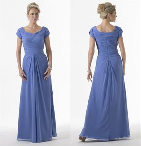 Blue Long Modest Bridesmaid Dresses With Short Sleeves Ruches Chiffon Cap Sleeves Floor Length Formal Country Bridesmaids Dresses