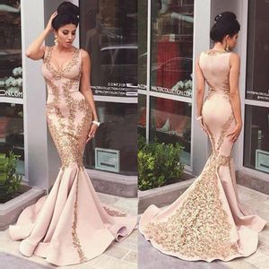 South African Dusty Pink Mermaid Prom Dresses With Gold Appliques Sexy Neck Sleeveless Satin Evening Gowns Sweep Train Party Dress