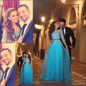 Ice Blue Sheer Sleeve Prom Dresses Lace Appliques Tulle Covered A Line Evening Gowns Saudi Arabia Floor Length Formal Party Dress