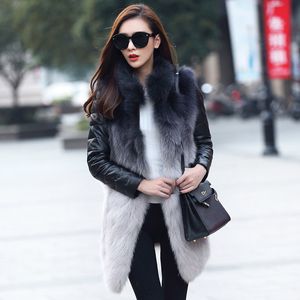 Женская роскошь подлинной овчины вниз проложенный длинный рукав лоскутное градиент цвета натуральный лисий мех средней длины парок casacos пальто
