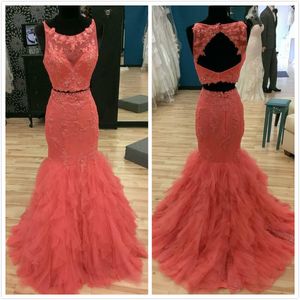 Two Piece Modest Mermaid Prom Dresses Open Back Senior Jewel Gown Ruffles Skirt Tulle Lace Dress for Prom