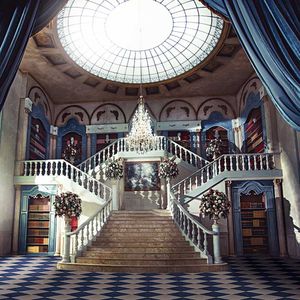 Indoor Staircase Backdrop Photography Bookcases Blue Curtain Bright Circle Dormer Crystals Chandelier Luxury Wedding Photo Studio Background