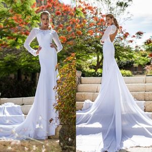 Enkel Baklösa Bröllopsklänning Långärmad Elegant Bateau Neck Custom Made Formal Bridal Gown Count Train White Dresses Cheap Open Back