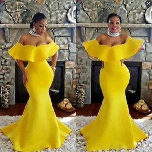 ŻÓŁTY OFF RÓŻKI Prom Suknie Afryki Styl Plus Size Sukienki Wieczorowe Nosić Sweep Pociąg Krótkie Rękawy Mermaid Party Dress Vestidos