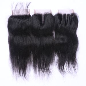 ブラジルのバージンレミー人間の髪の織り閉鎖ストレートナチュラルブラック4×4レースの閉鎖3つの中間のフリーパート