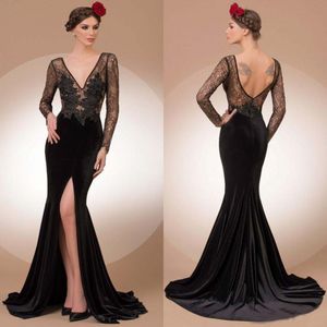 Sexy Sheer Black Evening Lace Corset Deep V neck Long Sleeves Prom Dresses with Applique Front Split Sweep Train Custom Formal Gowns