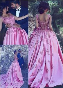 Saudi Arabia Long Pink Evening Dresses Satin with Vintage Lace Appliques A Line Court Train Prom Party Gowns Pageant Dresses Custom