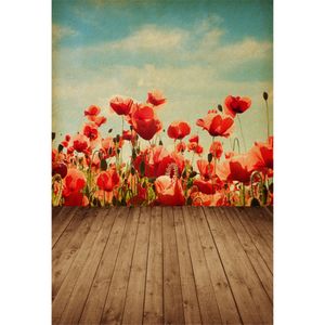 Vinyl Backdrops for Photography Vintage Blue Sky Clouds Digital Painted Red Flowers Kids Children Photo Background Brown Texture Wood Floor