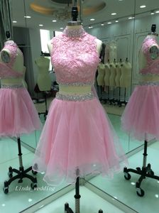 Verkliga bilder Kort Mini Applique Lace Beaded Prom Klänning Sexig Tulle Ärmlös Backless Party Gown Custom Made Plus Storlek