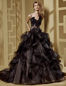 Ny Ruffle Black Ball Gown Quinceanera Dresses Spaghetti Organza Long Train Evening Prom Party Dresses