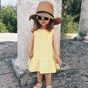 أزياء الفتيات ملابس الطفل طفل فتاة فساتين الصيف أكمام الأصفر مخطط الطفل اللباس القطن ملابس الفتيات