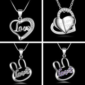 Mixed Order 5 Styles 925 silver plated crystal love heart pendant necklace fashion jewelry Valentine's Day gift 30pcs/lot