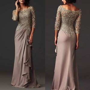 Arabisch Chiffon Abendkleid A-Line Side Fold Mutter der Braut / Bräutigam Kleid Spitze Applique Long Sleeve Abendkleid Formal Wear