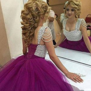 Lindo Shinning Frisada Prom Dresses 2018 Cap Mangas Roxo vestido de Baile Evening Vestidos Lace Up Voltar Quinceanera Vestido Mulheres Formal Wear