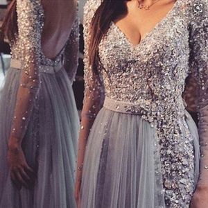 Vestidos New Arrival Glamorous Prom profunda V-Neck Sequins frisada mangas compridas Sexy Open-Backless Party Dress Charming Tulle Grey Evening