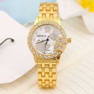 Nyaste Genève Watch Full Diamond Butterfly Women Crystal Lady Gold Silver Rose Steel Band Ladies Quartz Armband Klockor