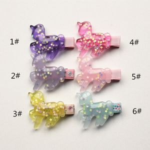 24pcs / lot baby hårklipp Nätt hårnålar Söt hästform Haiepins Kids Hair Barrettes Plast med Glitter Stars Sequins Inside