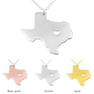 Texas Map Pendant Necklace with Love Heart Stainless Steel USA State TX Geography Map Necklaces Jewelry for Women and Men