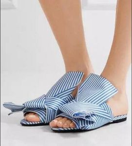 2017 여성 bowtie flats 여성 peep toe bow 슬라이드 샌들 flat heel blue color 검투사 샌들 파티 신발에 미끄러짐