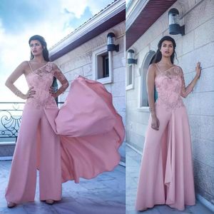 Arabic 2018 Pink Satin Chiffon One Shoulder Long Sleeve Jumpsuit Dresses Party Evening Wear Modest Formal Gowns Custom Made EN9295