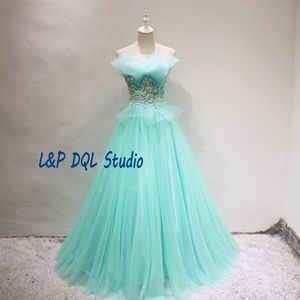 Mint Ball Gown Prom Dresses Strapless Pleats Tulle Organza Major Beading Sequins Sweep Train Lace-up Back Evening Gowns