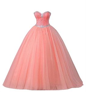 2021 Sexy Pink Coral Ball Gown Quinceanera Dresses with Beaded Sweet 16 Dress Lace Up Floor Length Detachable Vestido De Festa QC112