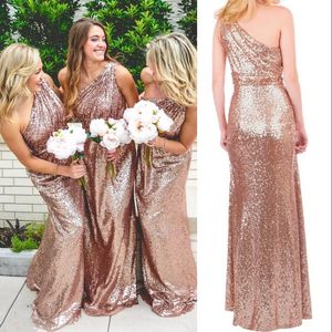 Sparkling Rose Gold Sequins Bridesmaid Dress Fashion One Shoulder Ärmlös Elegant Lång Bröllopsfestklänningar 2017 Ny sexig prom klär billigt