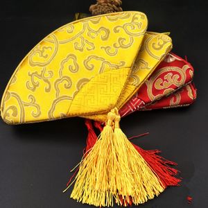 Borsa per portamonete a forma di ventaglio con nappa Borsa con cerniera Borsa per gioielli in broccato di seta cinese Borsa per il trucco Bracciale Collana Custodia Bomboniera 2 pezzi / lotto