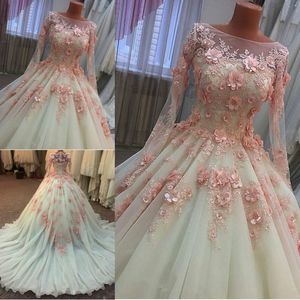 Muslim Bröllopsklänningar Mellanöstern 3D-Floral Appliques Beaded Lace Bridal Gowns Illusion Långärmad Bröllop Vestidos Anpassad