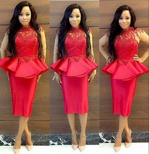 South African Red Lace Applique Prom Klänning med Peplum High Neck Sheer Långärmad Aftonklänningar Plus Size Women Meant Formal Wear