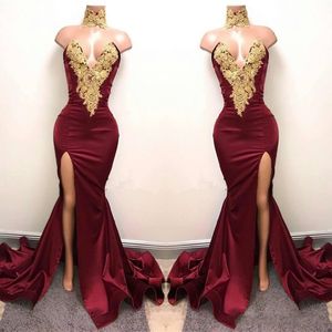 2017 Hot Sexy Cheap Burgundy Prom Dresses High Neck Mermaid Side Split Gold Lace Appliques Beaded Long Formal Party Dress Evening Gowns
