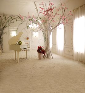 Vinyl Photography Backdrops Indoor Bright Window White Curtain Pink Flowers Tree Piano Wedding Studio Background Sandy Floor