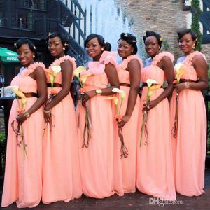 2017 Eleganckie Długie Druhna Dresses Z Handmade Flower Strap Girls Sukienka dla ślubu Szyfonowe Wstecz Zipper Sweep Train Custom Formal Suknie