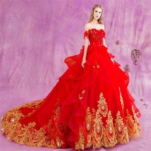 Off the Shoulder Princess Ball Gown Gold Lace Appliques Wedding Dresses Luxury Rhinestones Crystal Bridal Gowns robe de soiree