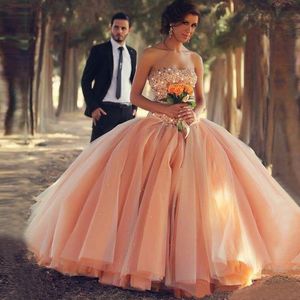 Bling Bling Crystal Rhinestone Coral Long Prom Dresses Puffy Skirt Fairy Ball Gown Quinceanera Gowns Robe De Soiree