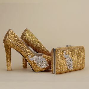 Newest Designer Unique Phenix Decoration Gold Rhinestine Shoes With Matching Bag Party Proms Bridal Wedding High Heels Women Stiletto