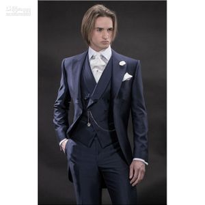 Ny design Morning Style Navy Blue Groom Tuxedos Groomsmen Mäns Bröllopskläder Bästa Man Passar (Jacka + Byxor + Vest + Tie) Bm: 921