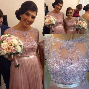 2017 Popular Bridesmaid Dresses With Sheer Neck Appliques Pearls Chiffon Skin Pink Plus Size Prom Party Dress Maid Of Honor