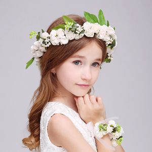 Böhmen Flower Girl Sea Beach Wreath Headdress med armband Flickor Garlands Fotografi Barn Hårtillbehör Crown Veil Headpiece A6635