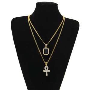 Męski Egipski Ankh Key of Life Naszyjnik Zestaw Bling Iced Out Cross Mini Gemstone Wisiorek Złoty Srebrny Łańcuch Dla Kobiet Hip Hop Biżuteria