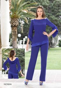 Fashion Blue Chiffon Mother Of The Bride Pant Suits With Long Sleeves Wedding Guest Dress Beaded Cheap Mothers Of The Groom Dresses