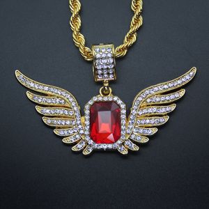 Hip Hop Angel Wings with Big Red Ruby Pendant Necklace for Men Women Iced Out Jewelry