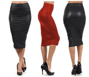 Mulheres Sexy Black Red High Waisted Skirt Skirt Skirt Couro Plus Size Party Dress