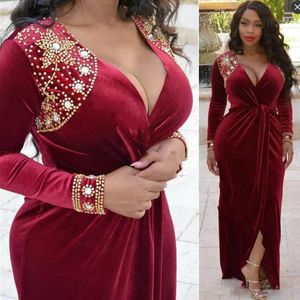 Sexy Velvet Deep V Neck Prom Dresses Long Sleeves Dark Red Beaded Evening Gowns Saudi Arabia Ruffles Women Formal Party Dress Plus Size