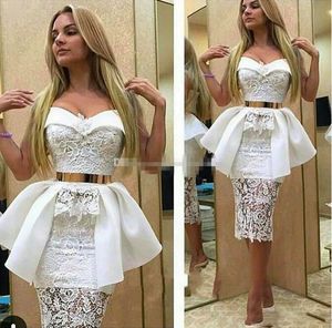 White Lace Sweetheart Evening Gowns 2017 Peplum Sheath Short Cocktail Party Dresses See Through Skirt Women Cheap Prom Dresses