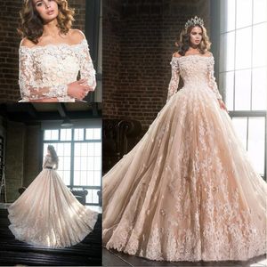 Champanhe A Linha De Vestidos De Casamento Bateau Mangas Compridas Com Rendas Applique Vestidos De Casamento Em Camadas De Babados Custom Made Vestidos De Noiva Longo Trem