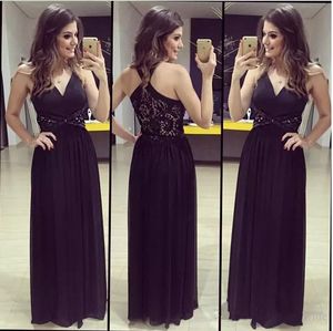 Black Chiffon V Neck Illusion Lace Evening Dress Back Pleats Floor Length Long Prom Party Dresses Custom Made